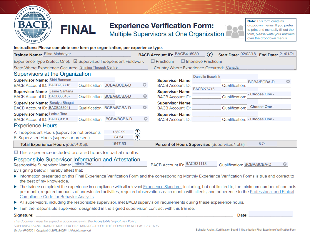 BACB Final Experience Verification Form Organization