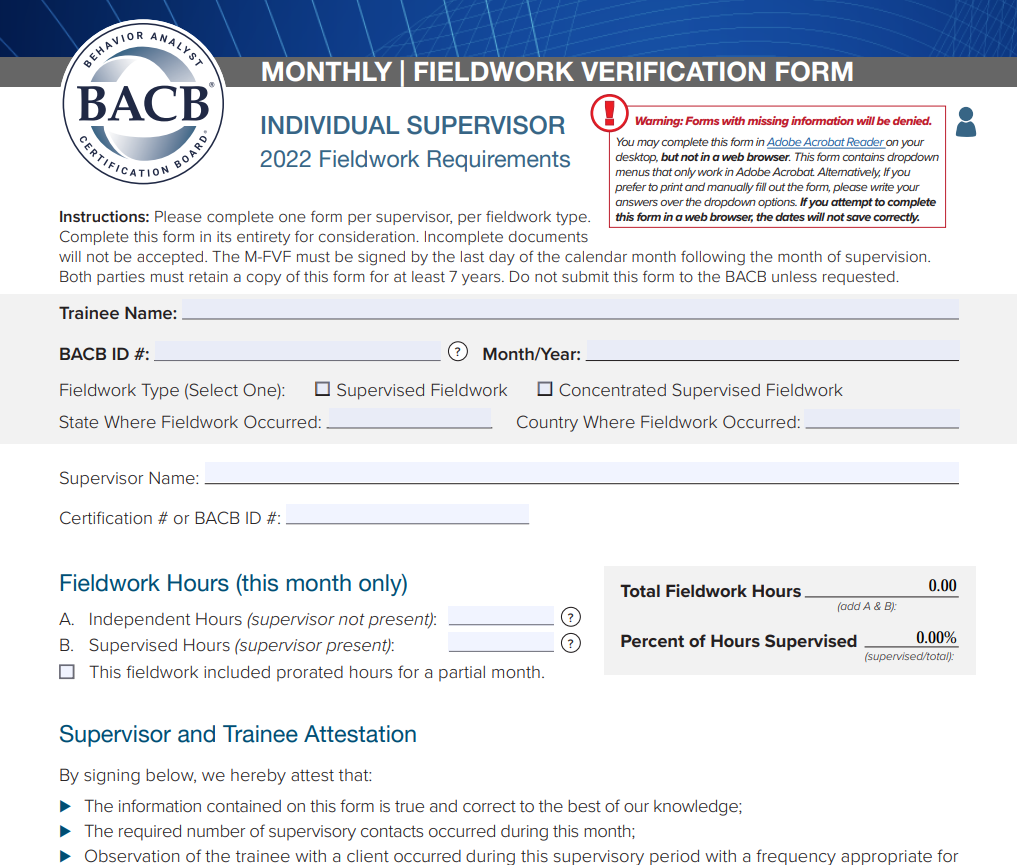 BACB Monthly Fieldwork Verification Form Individual